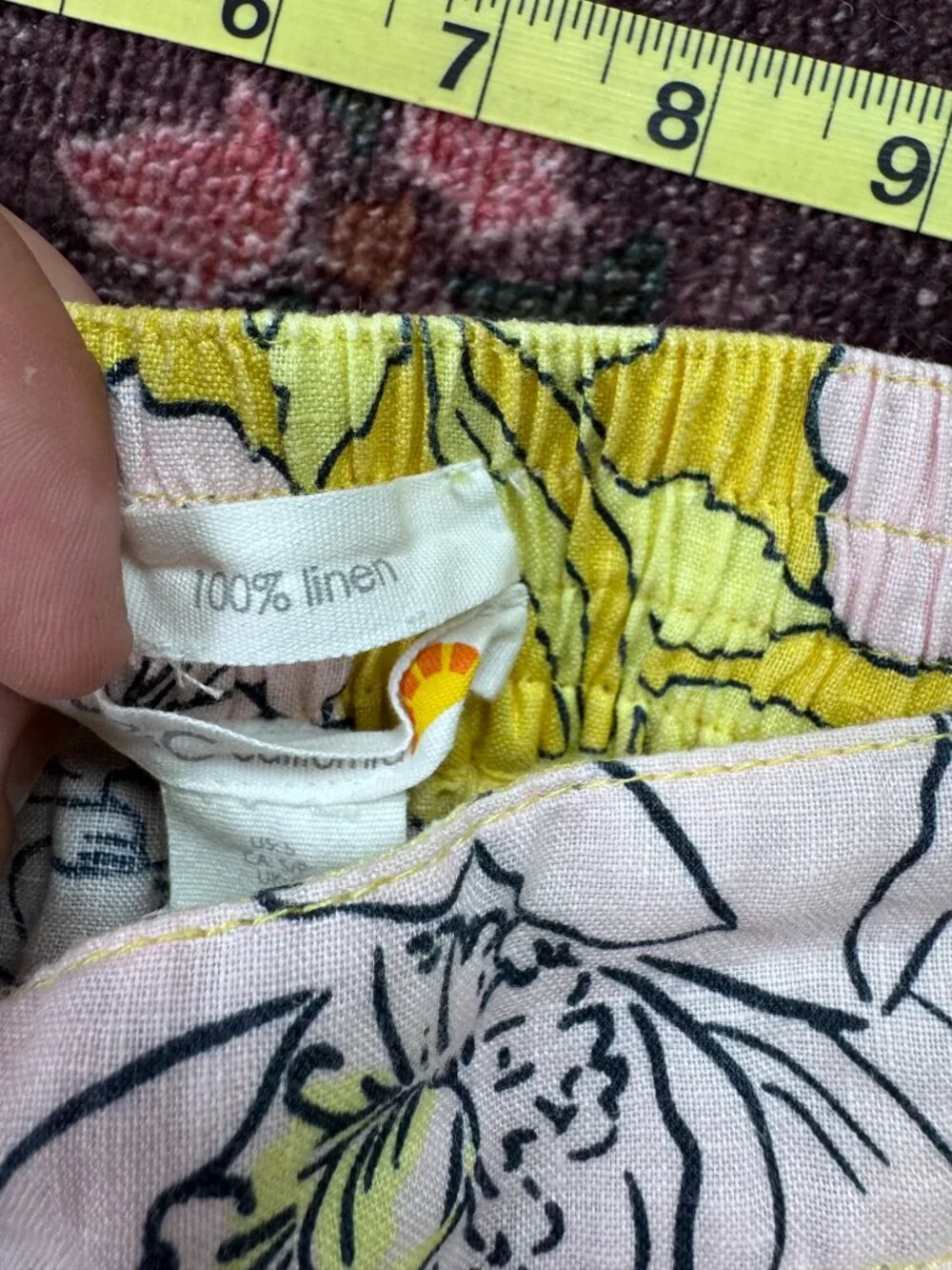 C&C California 100% Linen Yellow & Pink Floral Wide-Leg Ankle Pants Size Small